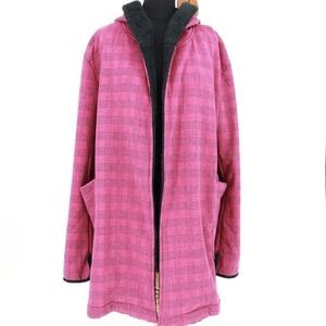 Badgley Mischka Pink Plaid Faux Shearling Lined Hooded Open Front Duster Coat Md